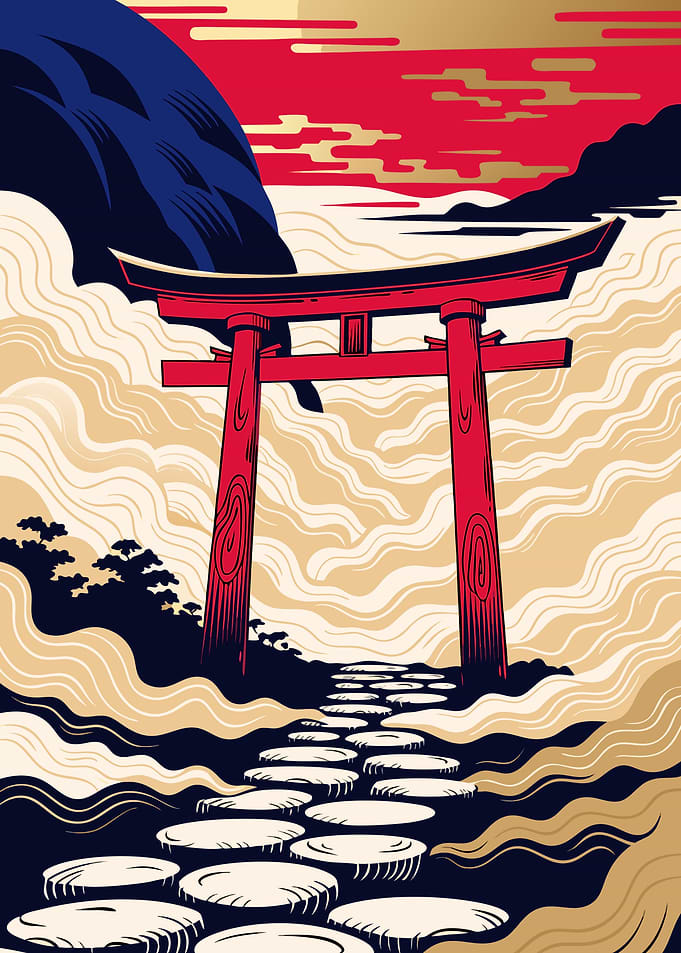 Japanese Torii Gate Ukiyo-e Metal Poster, No Text
