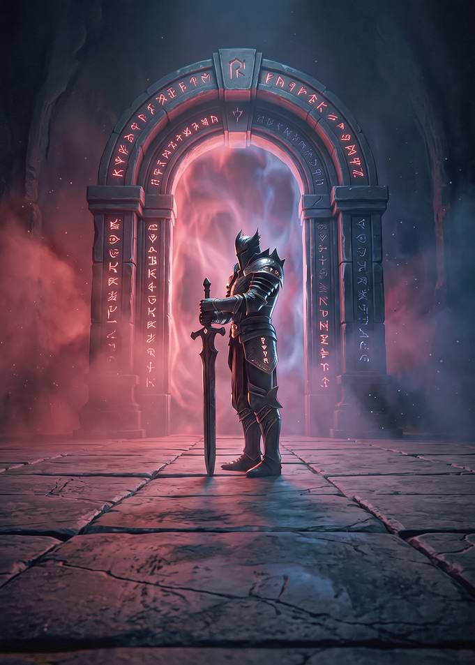 Knight Standing Before Glowing Portal