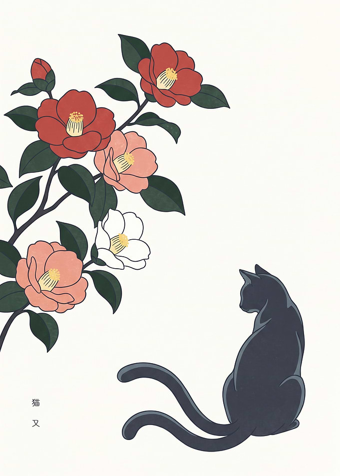 Nekomata — Two-Tailed Cat and Camellias