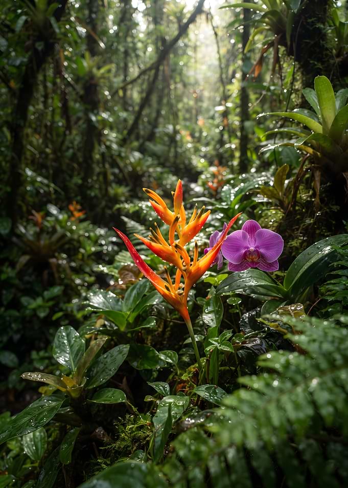 Vibrant Tropical Flowers in Rainforest