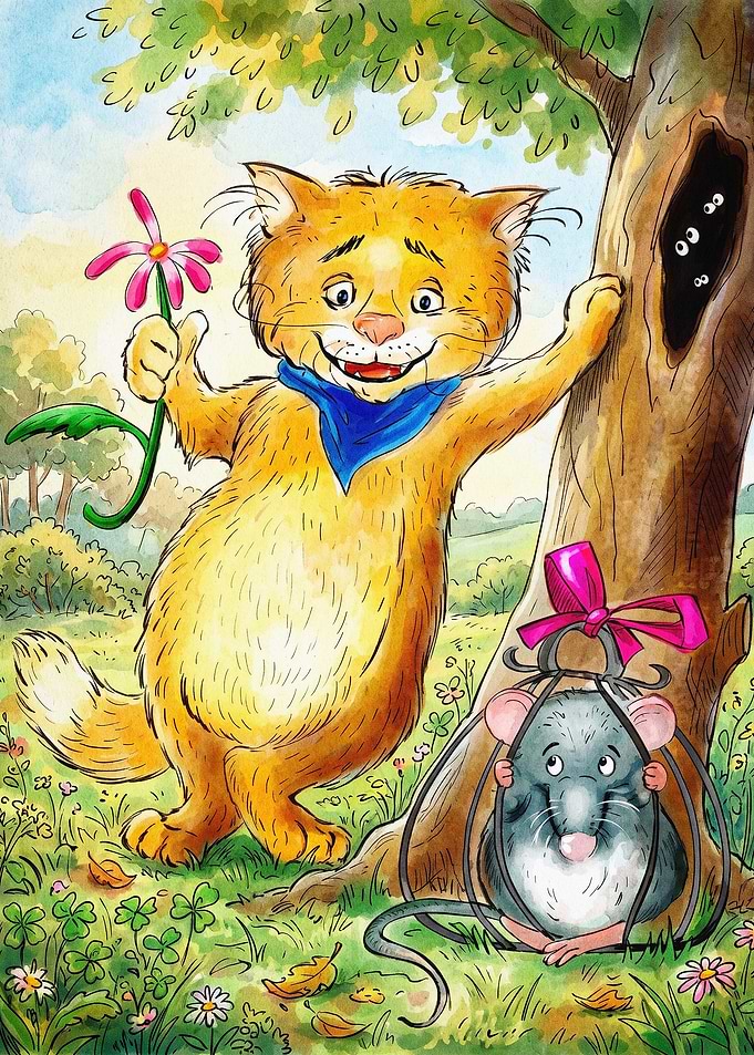 Cute Cat And Mouse Cartoon Art