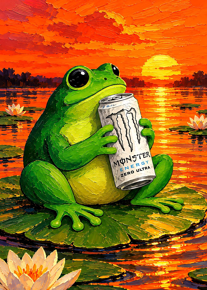 Frog Drinking Monster Energy at Sunset