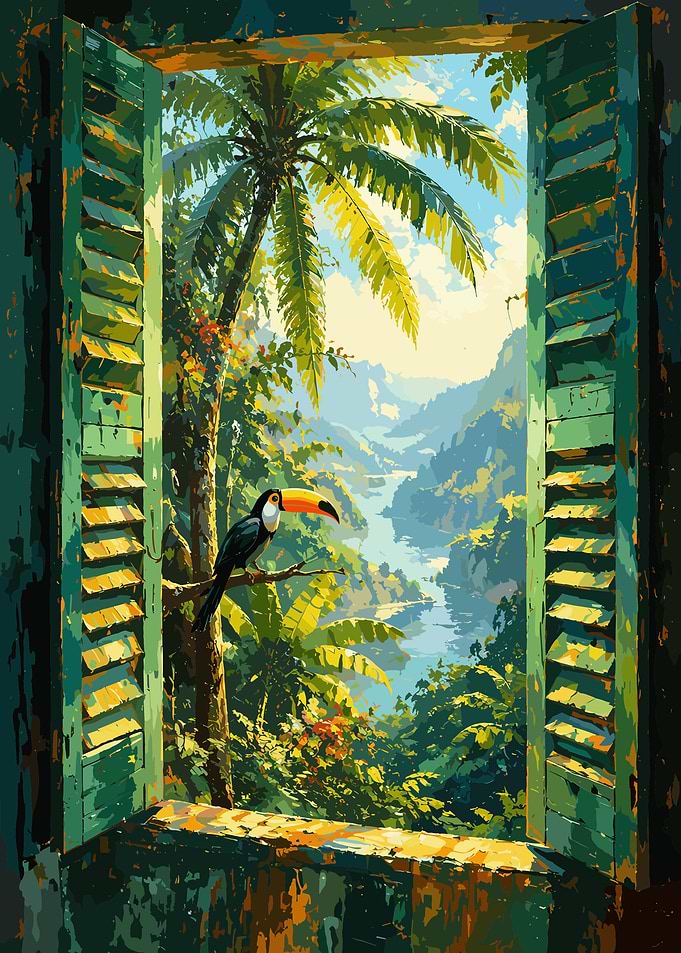 Toucan Perched in Tropical Window View