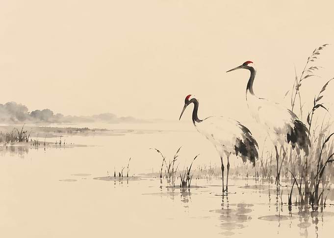 Red-Crowned Cranes in Traditional Ink Wash