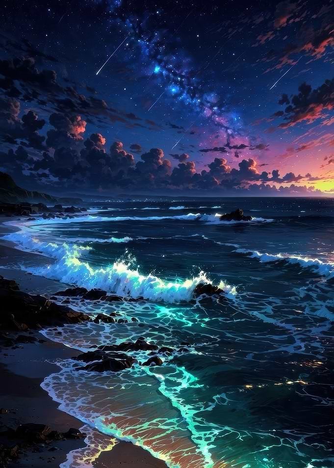 Bioluminescent Waves Under Starry Night Sky