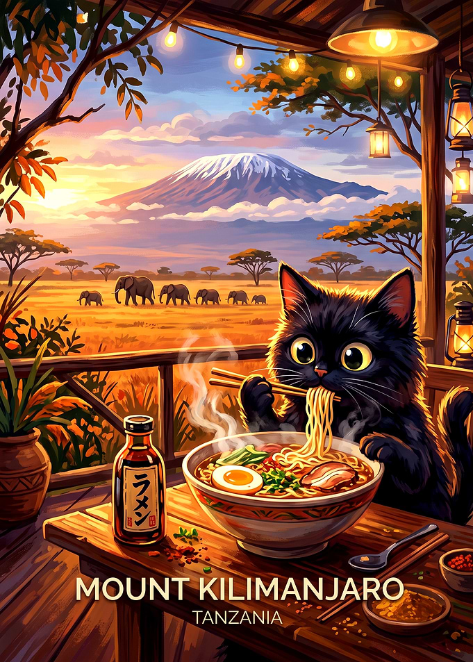 Black Cat Eating Ramen at Kilimanjaro