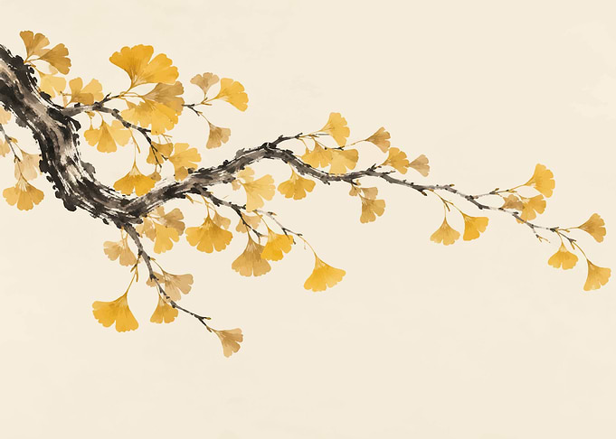 Ginkgo Branch Ink Wash Painting