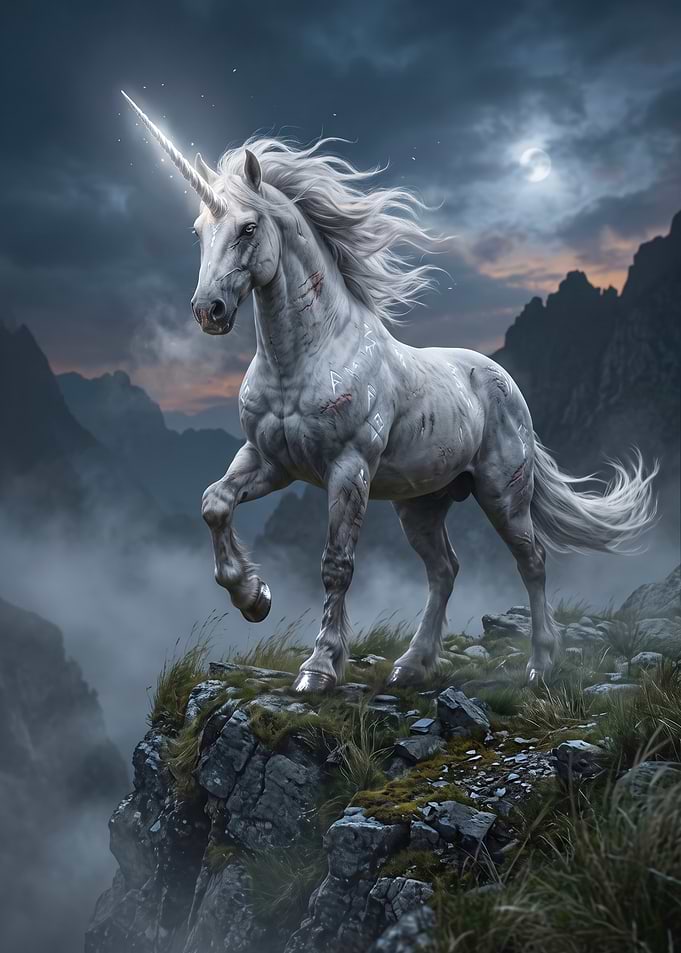 Majestic Battle-Scarred Unicorn on Cliff