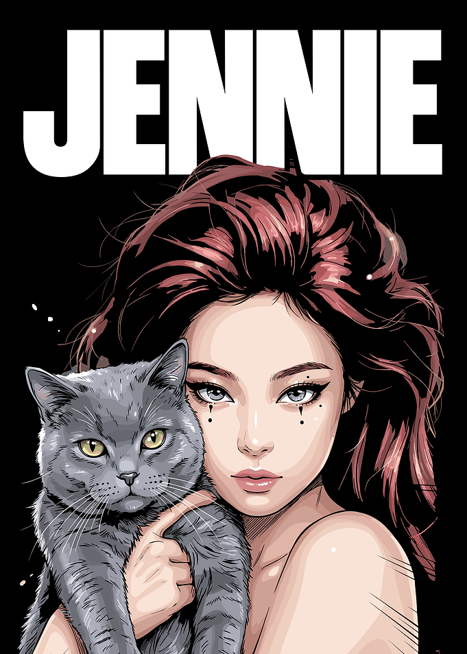 Jennie Kim with Grey Cat Illustration