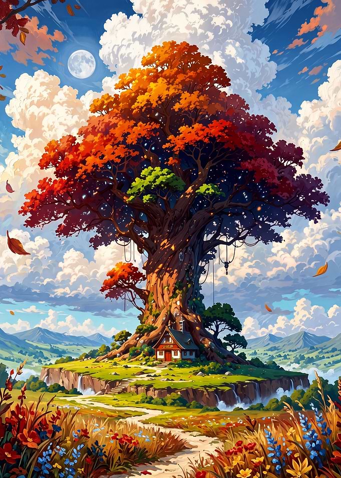 Oil Painting Cottage Under the Giant Autumn Tree