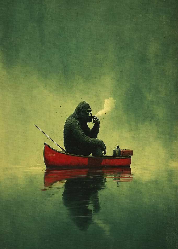 Gorilla Smoking in a Red Canoe