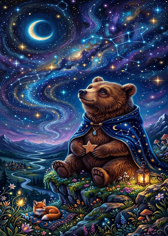 Magical Bear Stargazing in Fantasy Landscape