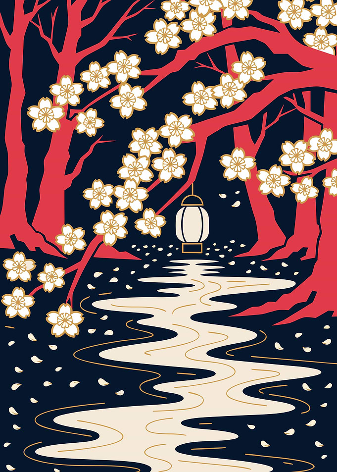 Japanese Cherry Blossom Ukiyo-e Metal Poster, No Text