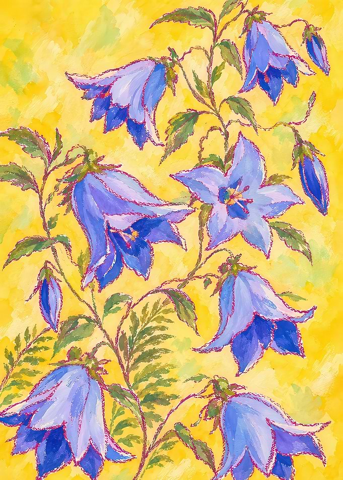 Blue Bellflowers on Yellow Background