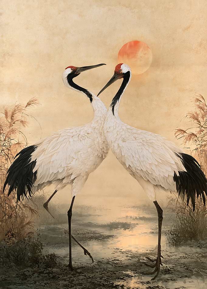 Red-Crowned Cranes in Sunset