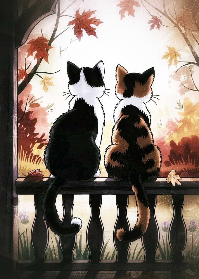 Two Cats Watching Autumn Leaves