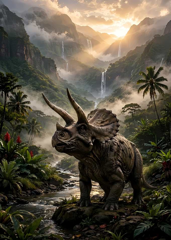Triceratops in a Lush Prehistoric Valley