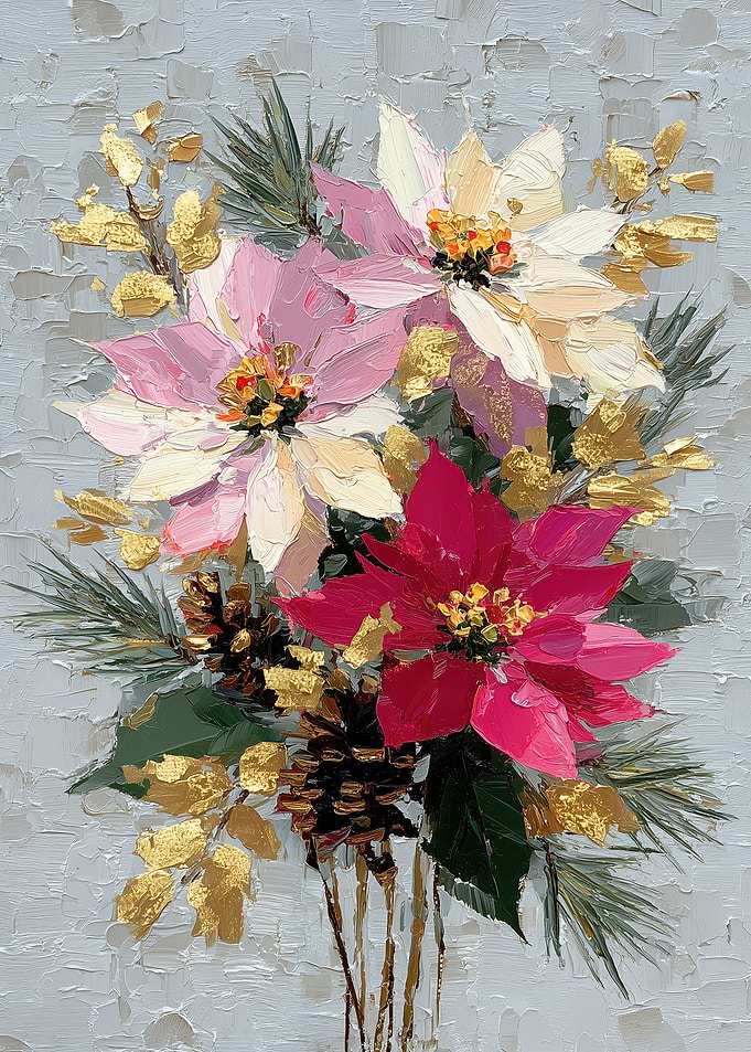 Textured Poinsettia and Pine Floral Painting
