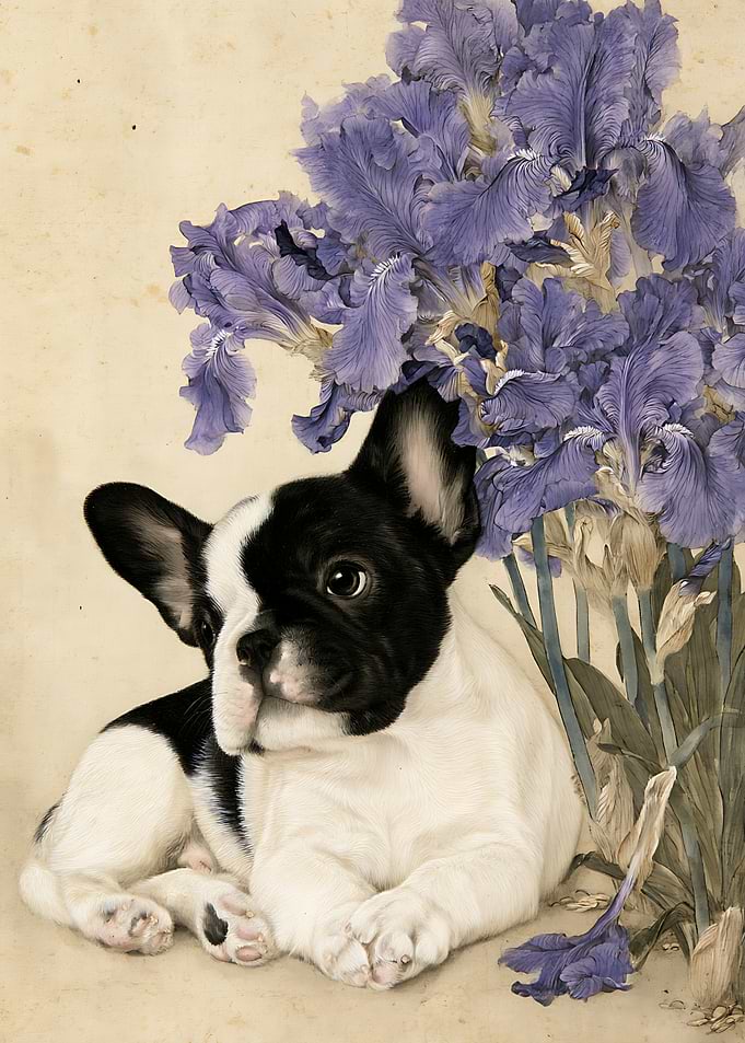 French Bulldog Puppy with Purple Irises