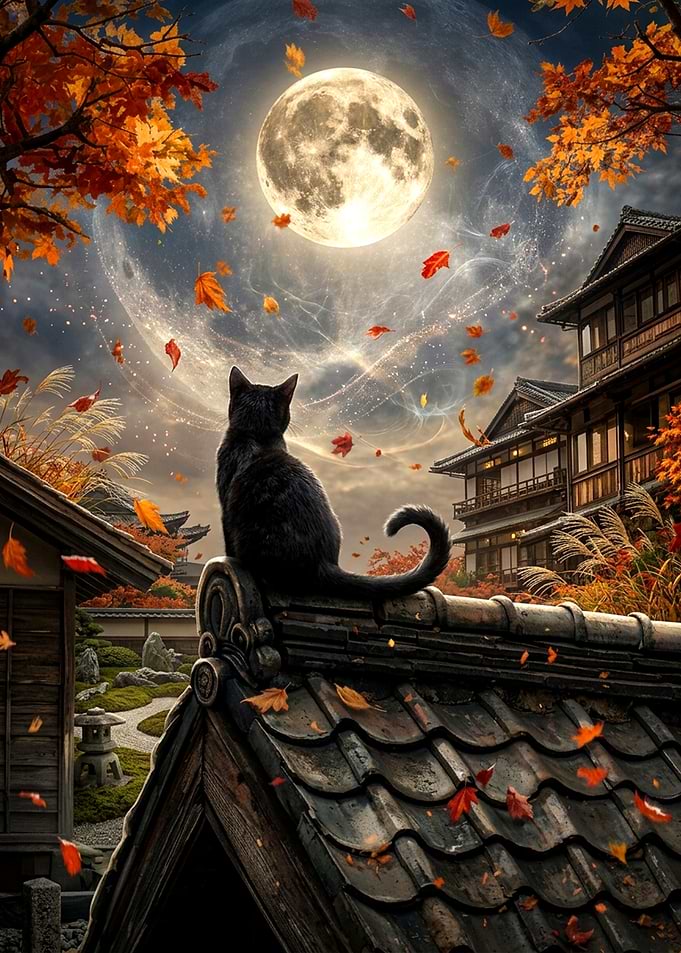 Black Cat Watching Autumn Moon