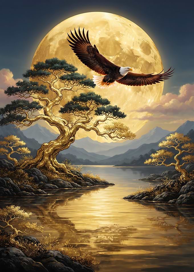 Bald Eagle Over Golden Moonlit Landscape