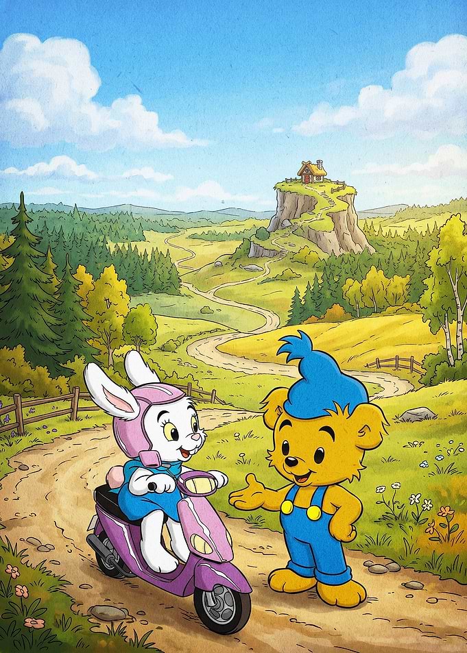 Cartoon Bear Scooter Landscape Art