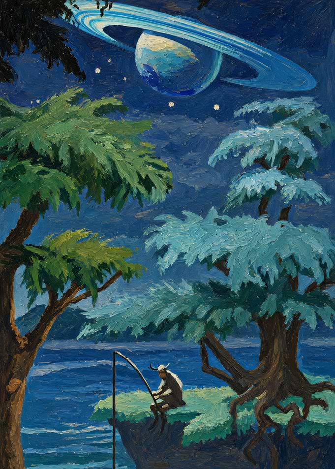 Surreal Alien Landscape with Fishing Figure