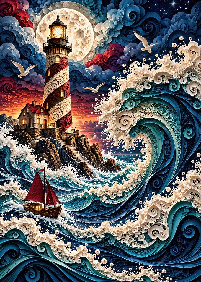 Whimsical Lighthouse and Stormy Sea