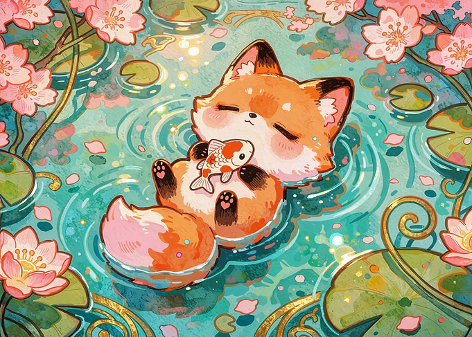 Cute Fox Floating with Koi Fish