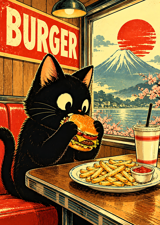 Black Cat Eating Burger in Diner