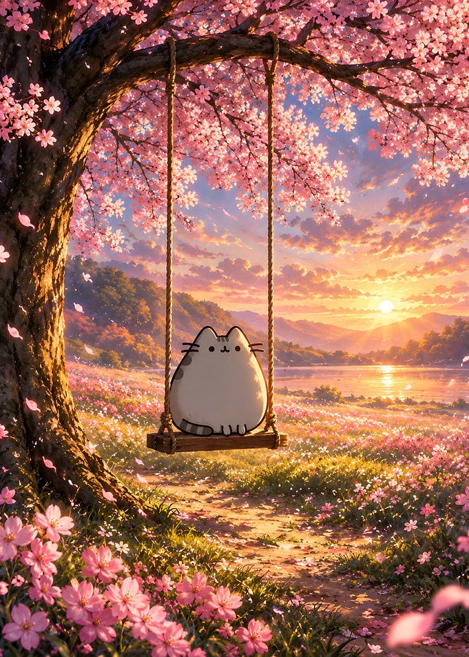 Pusheen Cat on a Cherry Blossom Swing