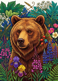 Brown Bear Surrounded by Wildflowers