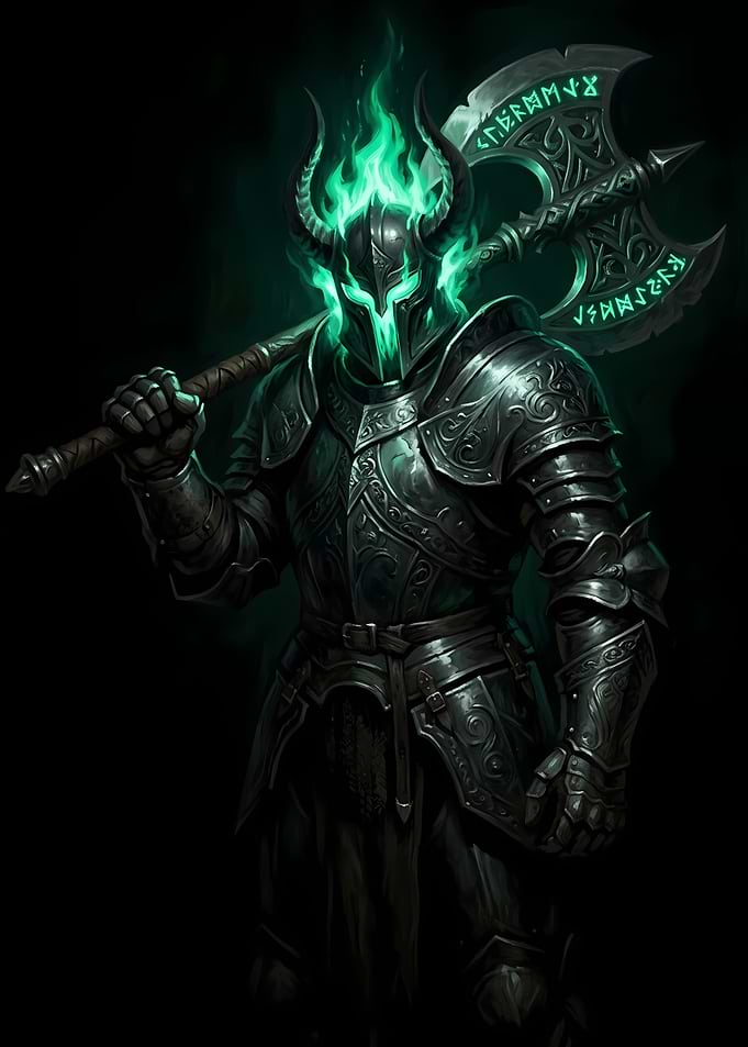 Spectral Horned Knight with Glowing Axe