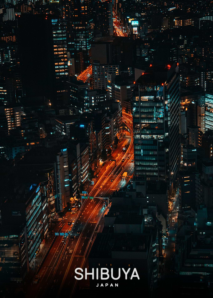 Shibuya City Night Aerial View