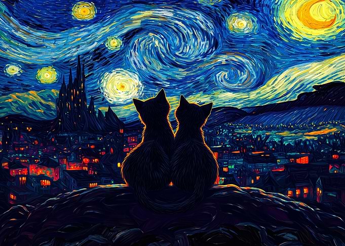 Two Cats Watching Starry Night