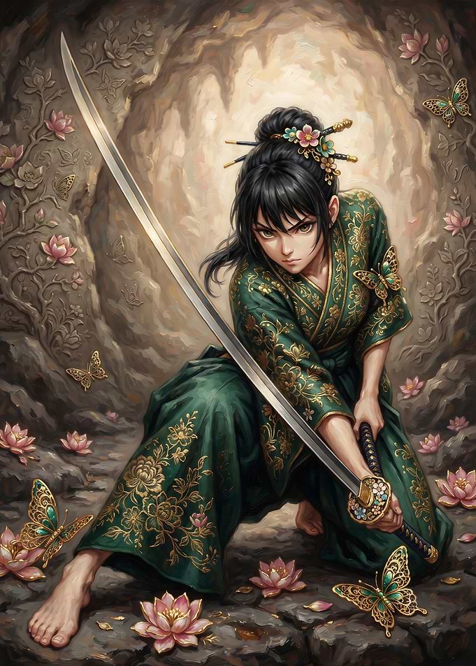 Female Samurai with Sword and Butterflies
