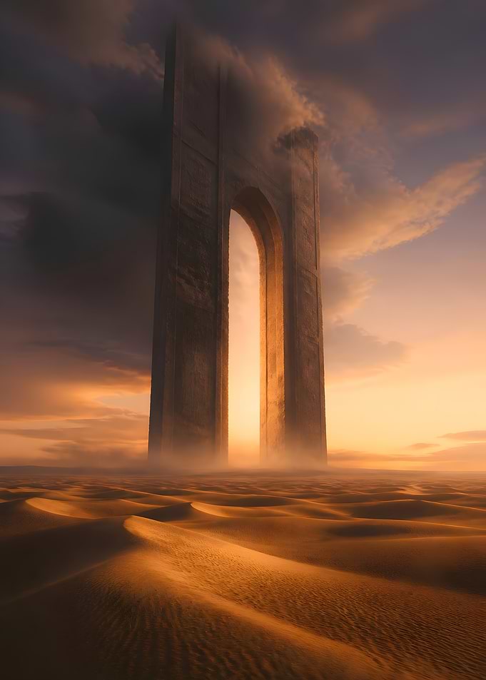 Mystical Desert Portal at Golden Sunset Fantasy Landscape