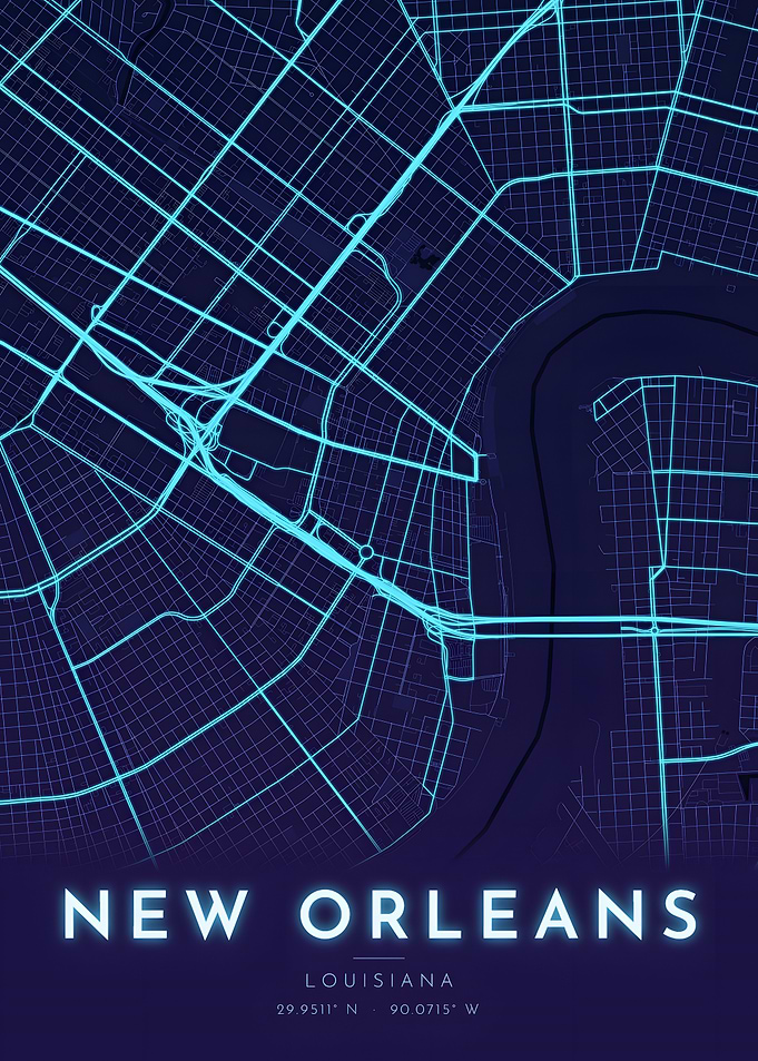 New Orleans Neon Blue Glow City Map Poster