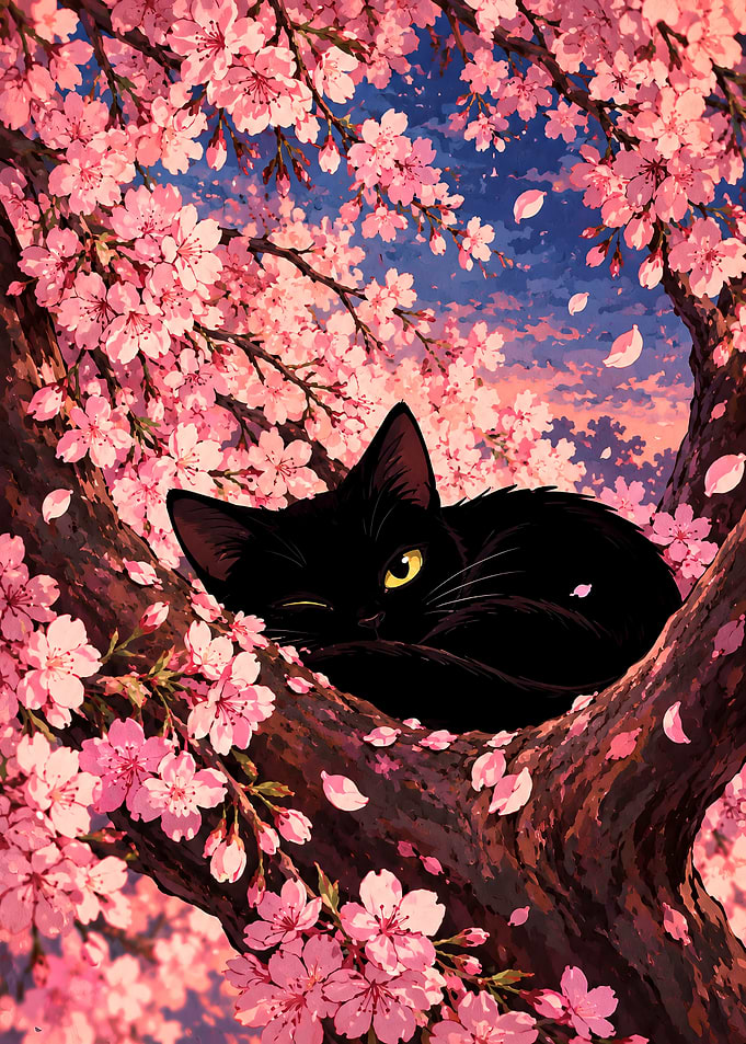Black Cat Sleeping in Cherry Blossoms