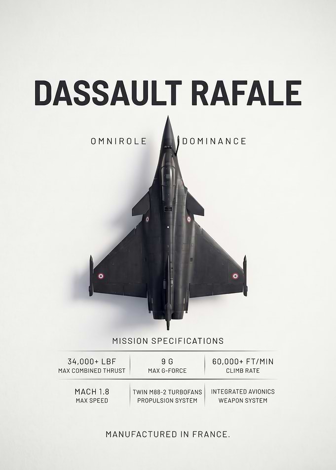 white background black sleek rafale fighter jet poster