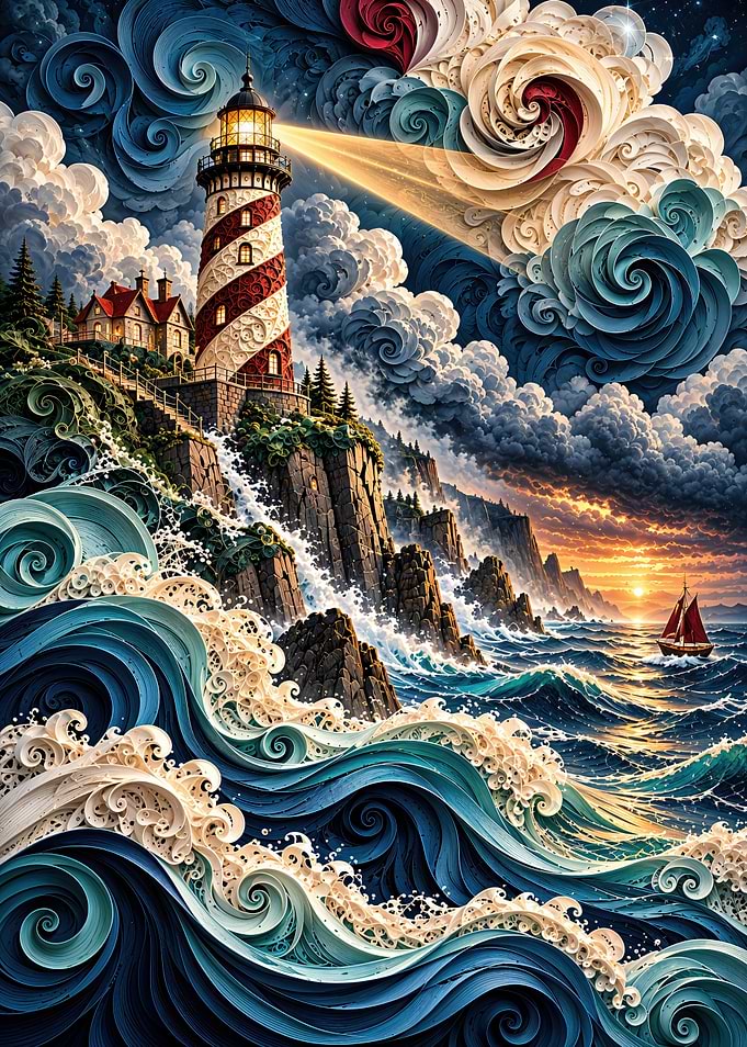 Whimsical Lighthouse Coastal Scene