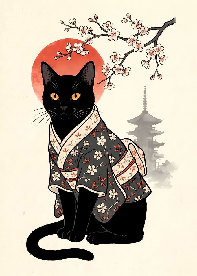 Black Cat in Traditional Japanese Kimono