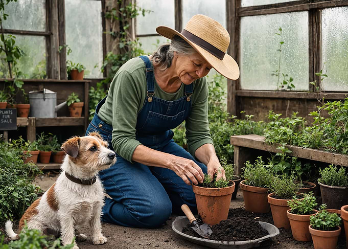 Senior woman gardening with her dog