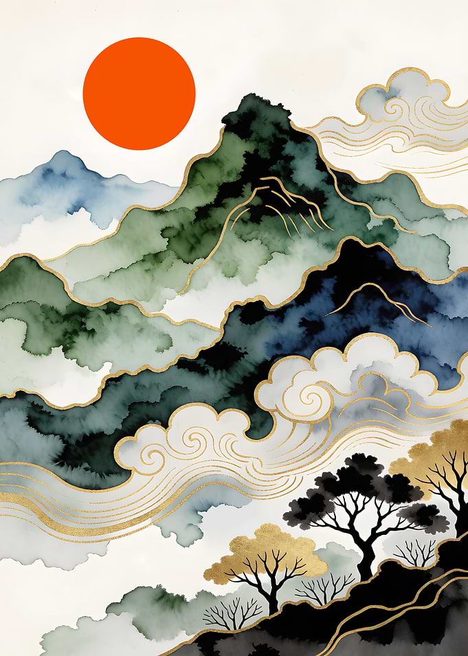 Japanese Watercolor Mountain Landscape