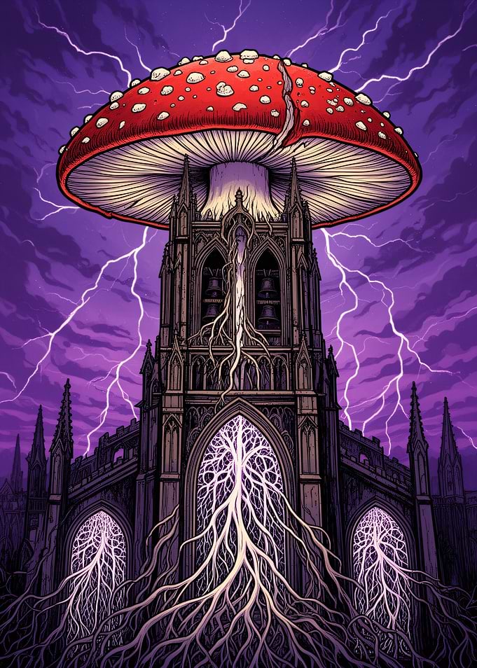 Gothic Cathedral Mushroom Storm Illustration