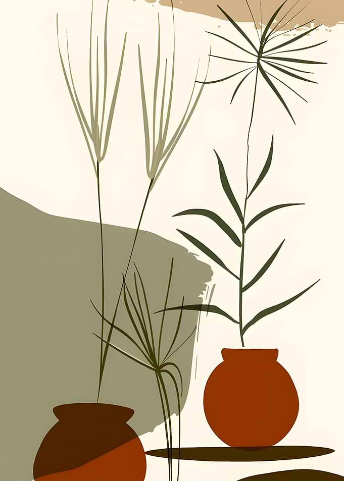 Minimalist Botanical Art with Clay Pots