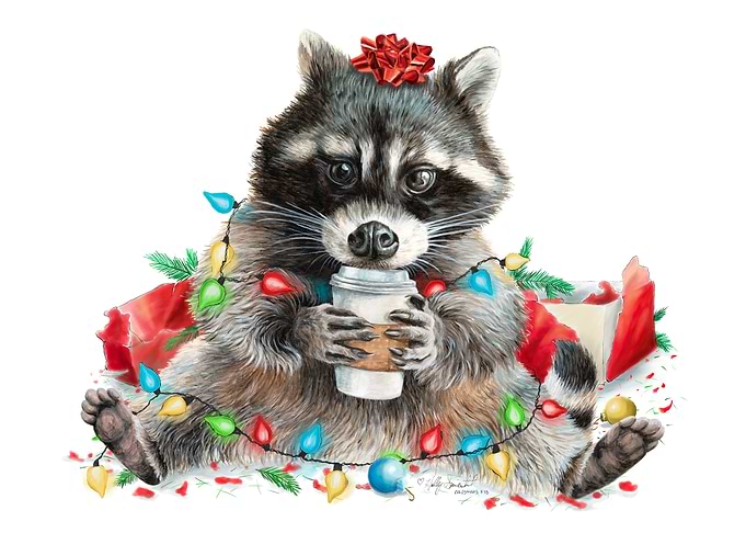 Cute Raccoon with Coffee and Christmas Lights