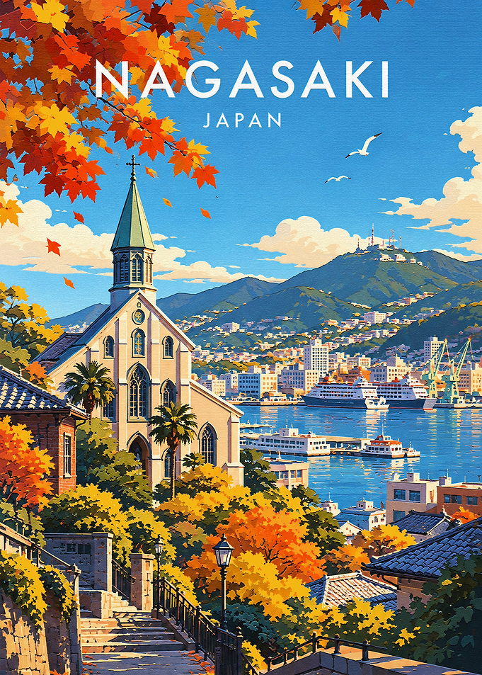 Nagasaki Japan Autumn Travel Poster