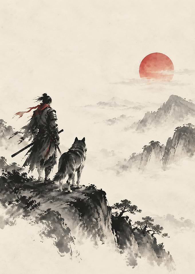 Samurai and Wolf Overlooking Mountains