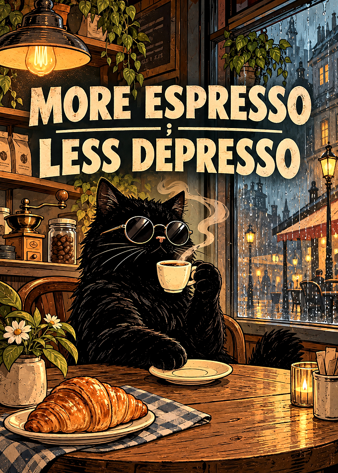 Cool Black Cat Drinking Espresso